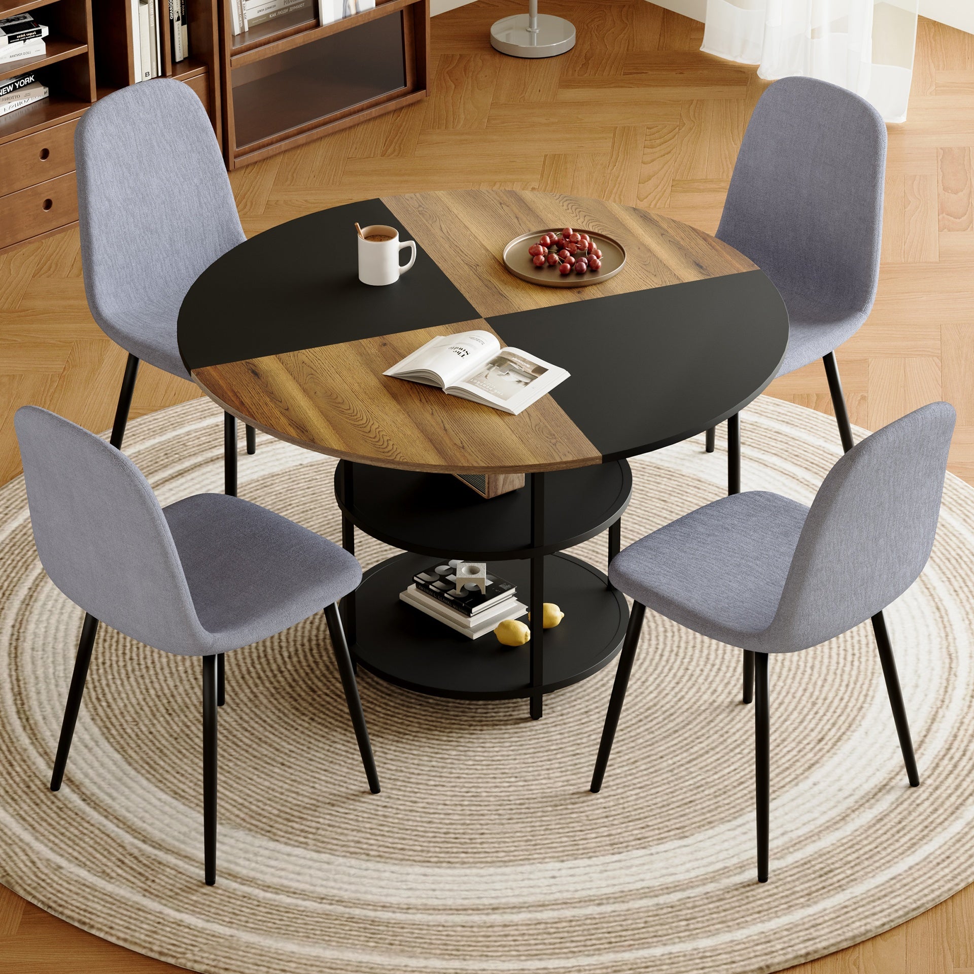 Table and chair set.A 47.3-inch diameter modern splicing circular dining table - double-layer storage.Paired With 4 Light Gray Linen-Cotton Material High Resilience Dining Chair with Metal Leg.