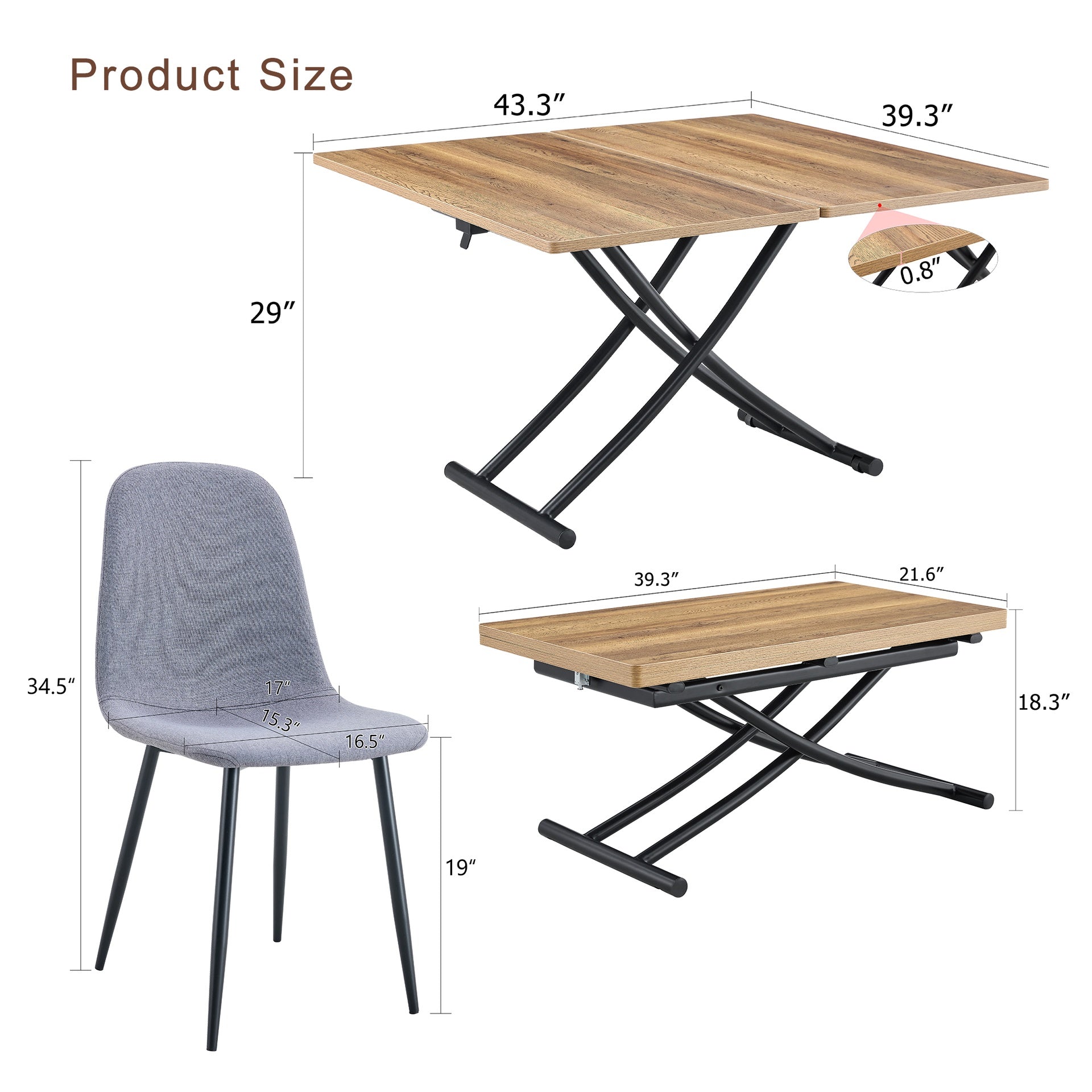 Table and chair set.Modern Multifunctional Lifting Platform,Natural Wood Grain Sticker MDF Desktop, Black Metal Legs.Paired with 4 Light Gray Linen-Cotton Material High Resilience Dining Chairs.