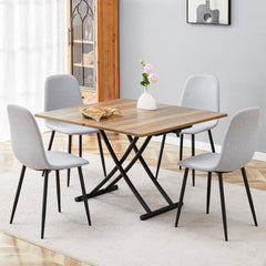Table and chair set.Modern Multifunctional Lifting Platform,Natural Wood Grain Sticker MDF Desktop, Black Metal Legs.Paired with 4 Light Gray Linen-Cotton Material High Resilience Dining Chairs.