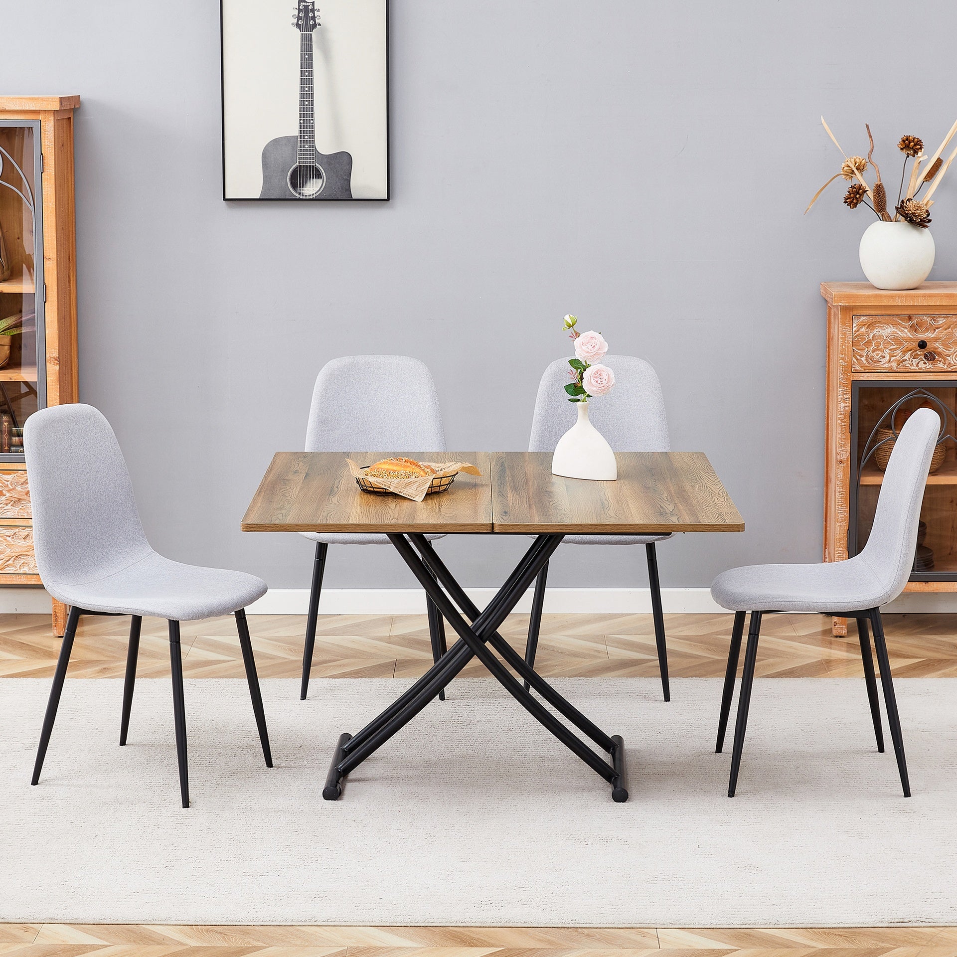 Table and chair set.Modern Multifunctional Lifting Platform,Natural Wood Grain Sticker MDF Desktop, Black Metal Legs.Paired with 4 Light Gray Linen-Cotton Material High Resilience Dining Chairs.