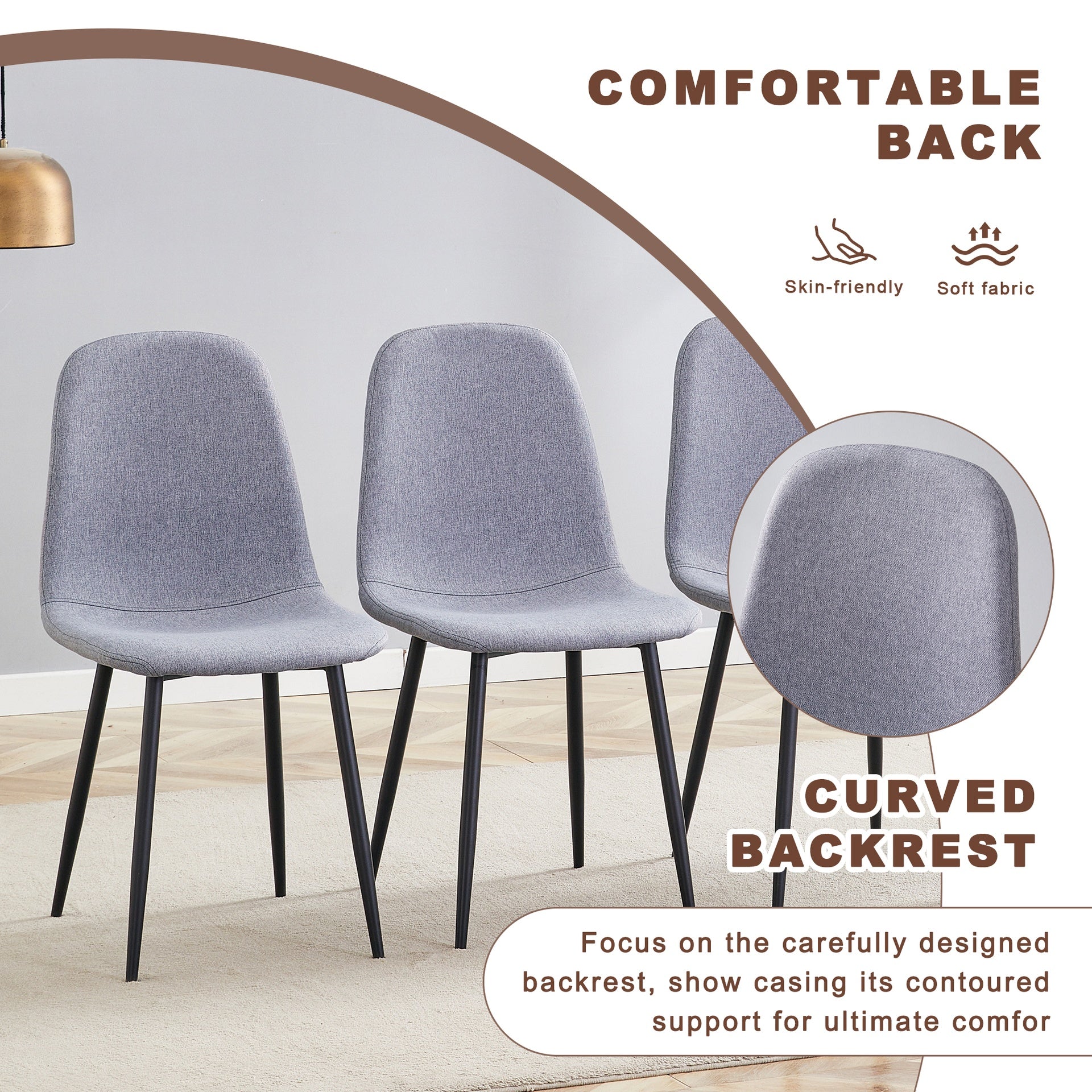 Table and chair set.Modern Multifunctional Lifting Platform,Natural Wood Grain Sticker MDF Desktop, Black Metal Legs.Paired with 4 Light Gray Linen-Cotton Material High Resilience Dining Chairs.
