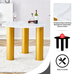 Table and chair set, round table with white marble pattern, gold MDF table legs, soft and comfortable dining chair, suitable for kitchen and living room