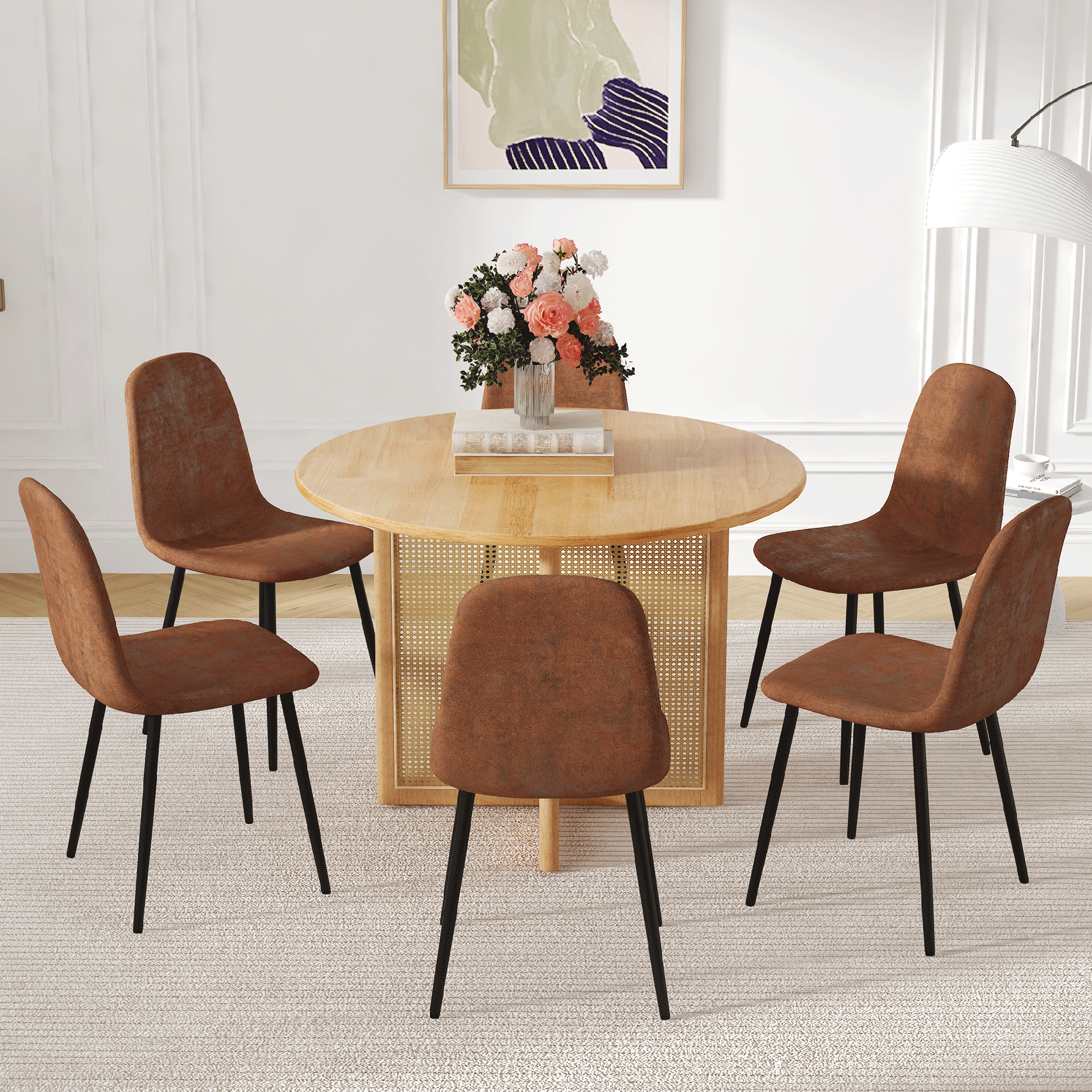 Table and chair set.A 42 inch diameter Natural Wood Rubber Wood Round Dining Table.6 Comfortable Technology-Fabric Brown Chairs With Black Metal Legs.Perfect For Dinner, Meetings, Home And Office.