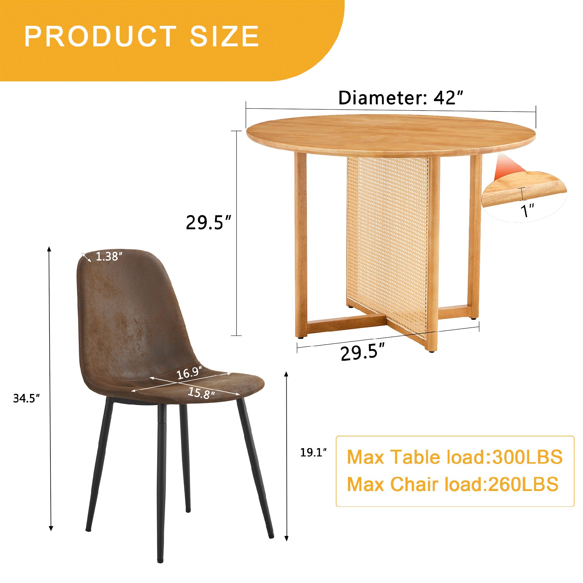 Table and chair set.A 42 inch diameter Natural Wood Rubber Wood Round Dining Table.6 Comfortable Technology-Fabric Brown Chairs With Black Metal Legs.Perfect For Dinner, Meetings, Home And Office.