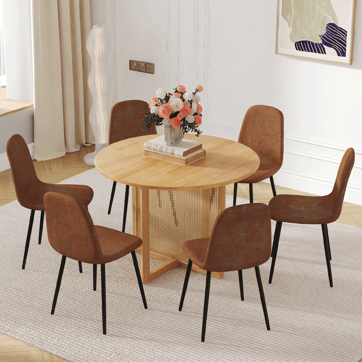 Table and chair set.A 42 inch diameter Natural Wood Rubber Wood Round Dining Table.6 Comfortable Technology-Fabric Brown Chairs With Black Metal Legs.Perfect For Dinner, Meetings, Home And Office.