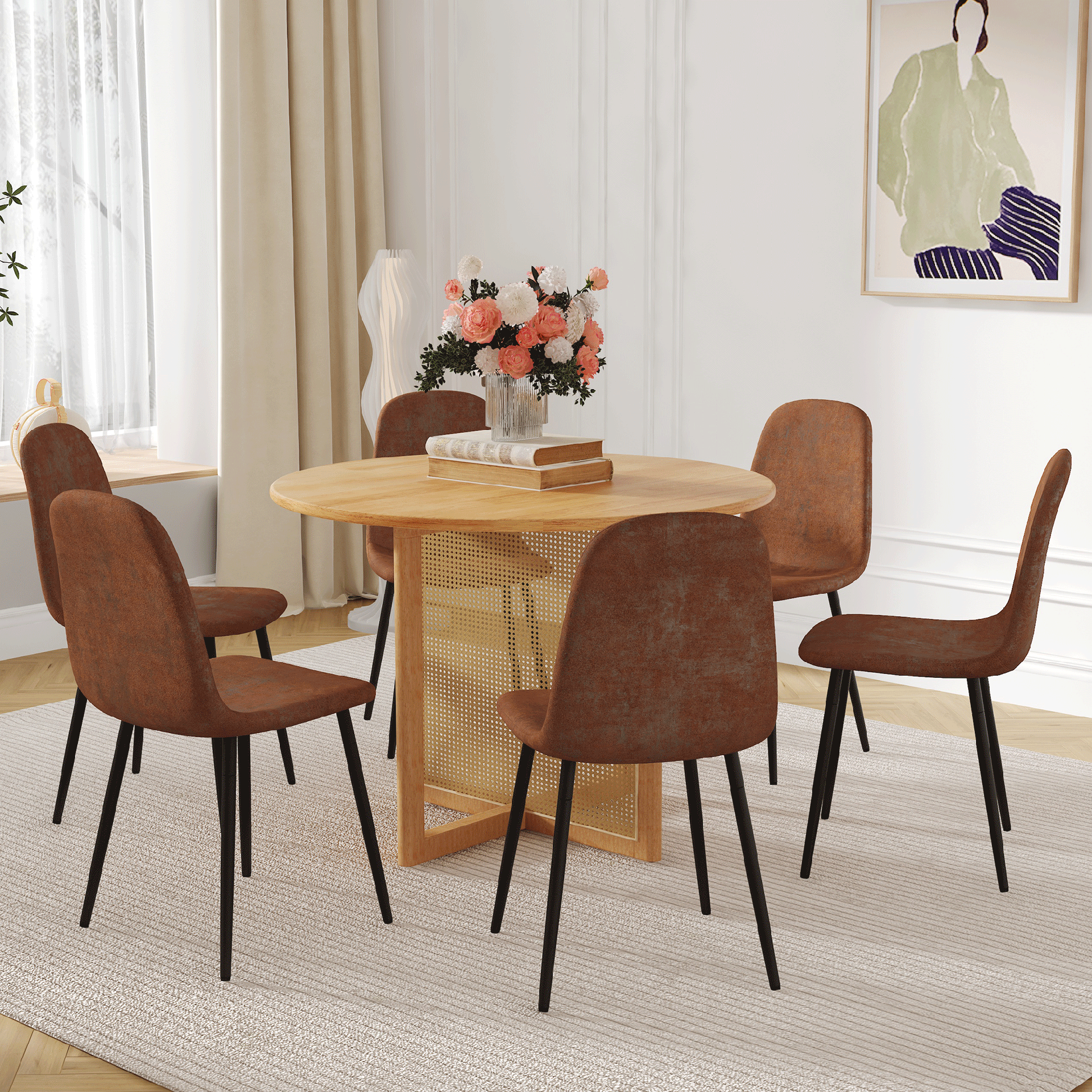 Table and chair set.A 42 inch diameter Natural Wood Rubber Wood Round Dining Table.6 Comfortable Technology-Fabric Brown Chairs With Black Metal Legs.Perfect For Dinner, Meetings, Home And Office.