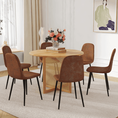 Table and chair set.A 42 inch diameter Natural Wood Rubber Wood Round Dining Table.6 Comfortable Technology-Fabric Brown Chairs With Black Metal Legs.Perfect For Dinner, Meetings, Home And Office.