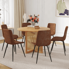 Table and chair set.A 42 inch diameter Natural Wood Rubber Wood Round Dining Table.6 Comfortable Technology-Fabric Brown Chairs With Curved Widened Cushion Design.