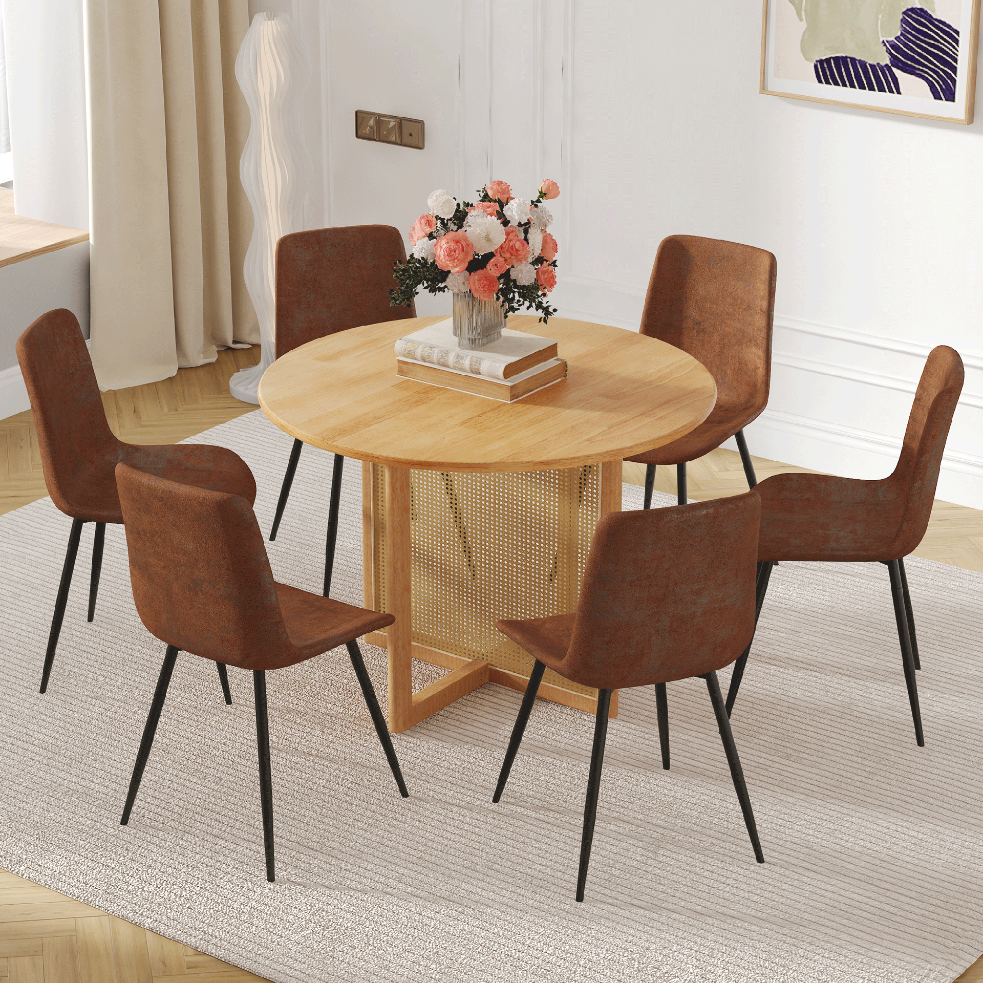 Table and chair set.A 42 inch diameter Natural Wood Rubber Wood Round Dining Table.6 Comfortable Technology-Fabric Brown Chairs With Curved Widened Cushion Design.