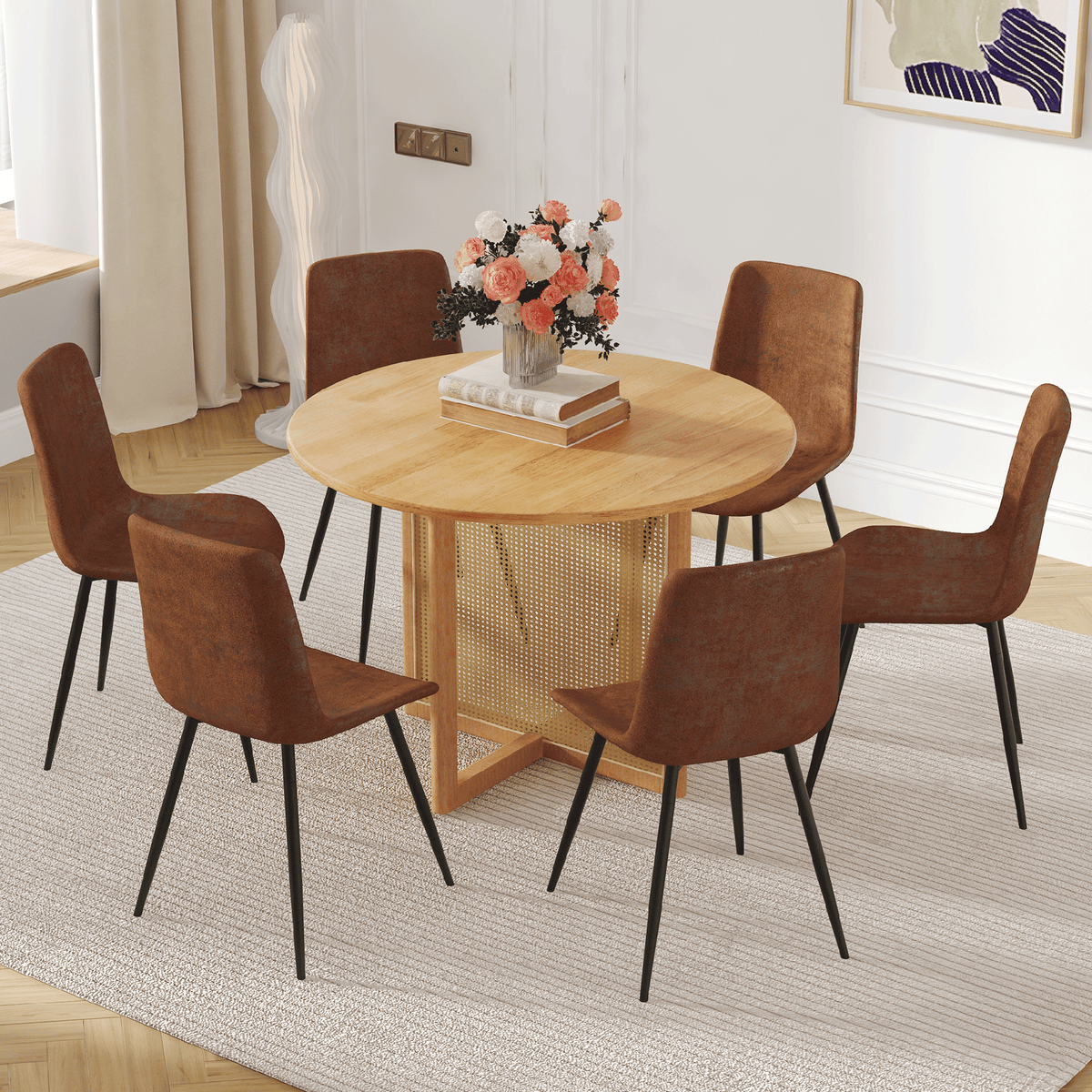 Table and chair set.A 42 inch diameter Natural Wood Rubber Wood Round Dining Table.6 Comfortable Technology-Fabric Brown Chairs With Curved Widened Cushion Design.