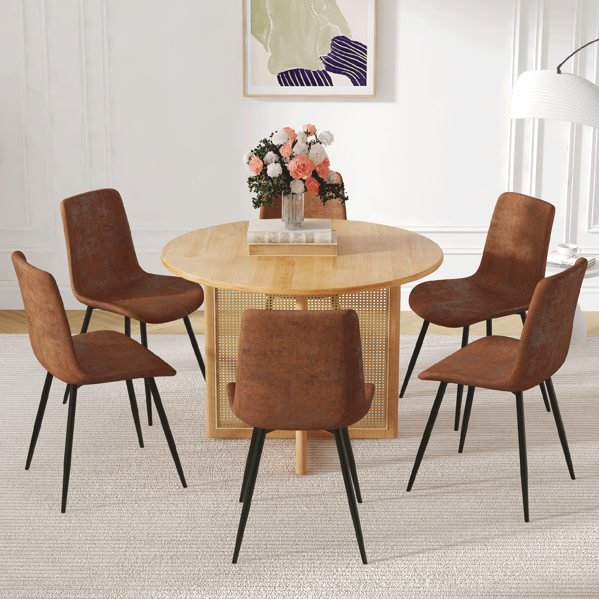 Table and chair set.A 42 inch diameter Natural Wood Rubber Wood Round Dining Table.6 Comfortable Technology-Fabric Brown Chairs With Curved Widened Cushion Design.