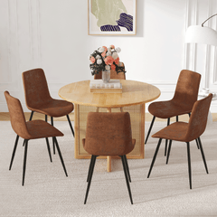 Table and chair set.A 42 inch diameter Natural Wood Rubber Wood Round Dining Table.6 Comfortable Technology-Fabric Brown Chairs With Curved Widened Cushion Design.