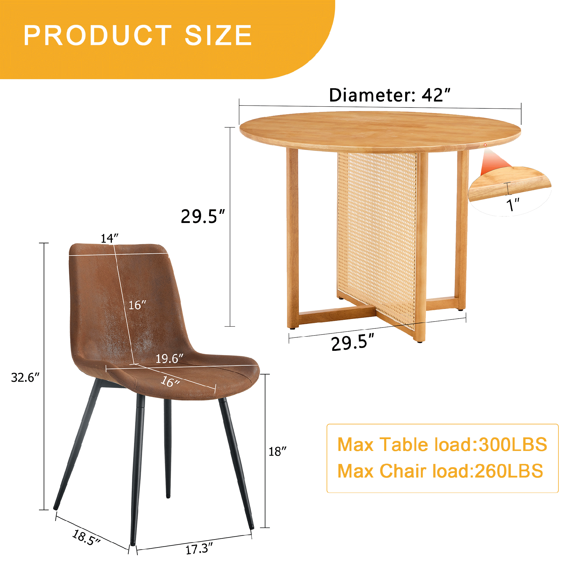 Table and chair set.A 42 inch diameter Natural Wood Rubber Wood Round Dining Table.6 Comfortable Technology-Fabric Brown Chairs With Curved Widened Cushion Design.