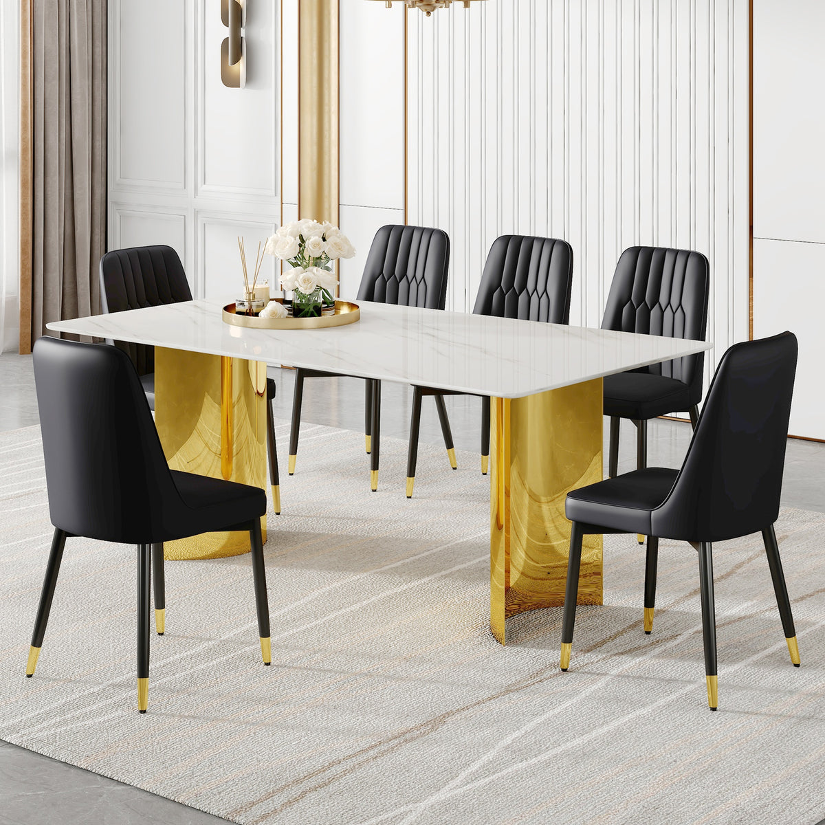 Table and chair set.The table has a glass top with imitation marble pattern stickers and stainless steel golden legs. Paried with 6 chairs with PU artificial leather backrest cushions.W1151S01564