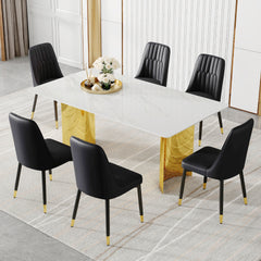 Table and chair set.The table has a glass top with imitation marble pattern stickers and stainless steel golden legs. Paried with 6 chairs with PU artificial leather backrest cushions.W1151S01564