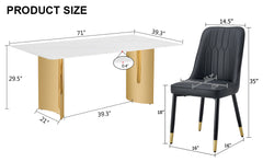 Table and chair set.The table has a glass top with imitation marble pattern stickers and stainless steel golden legs. Paried with 6 chairs with PU artificial leather backrest cushions.W1151S01564