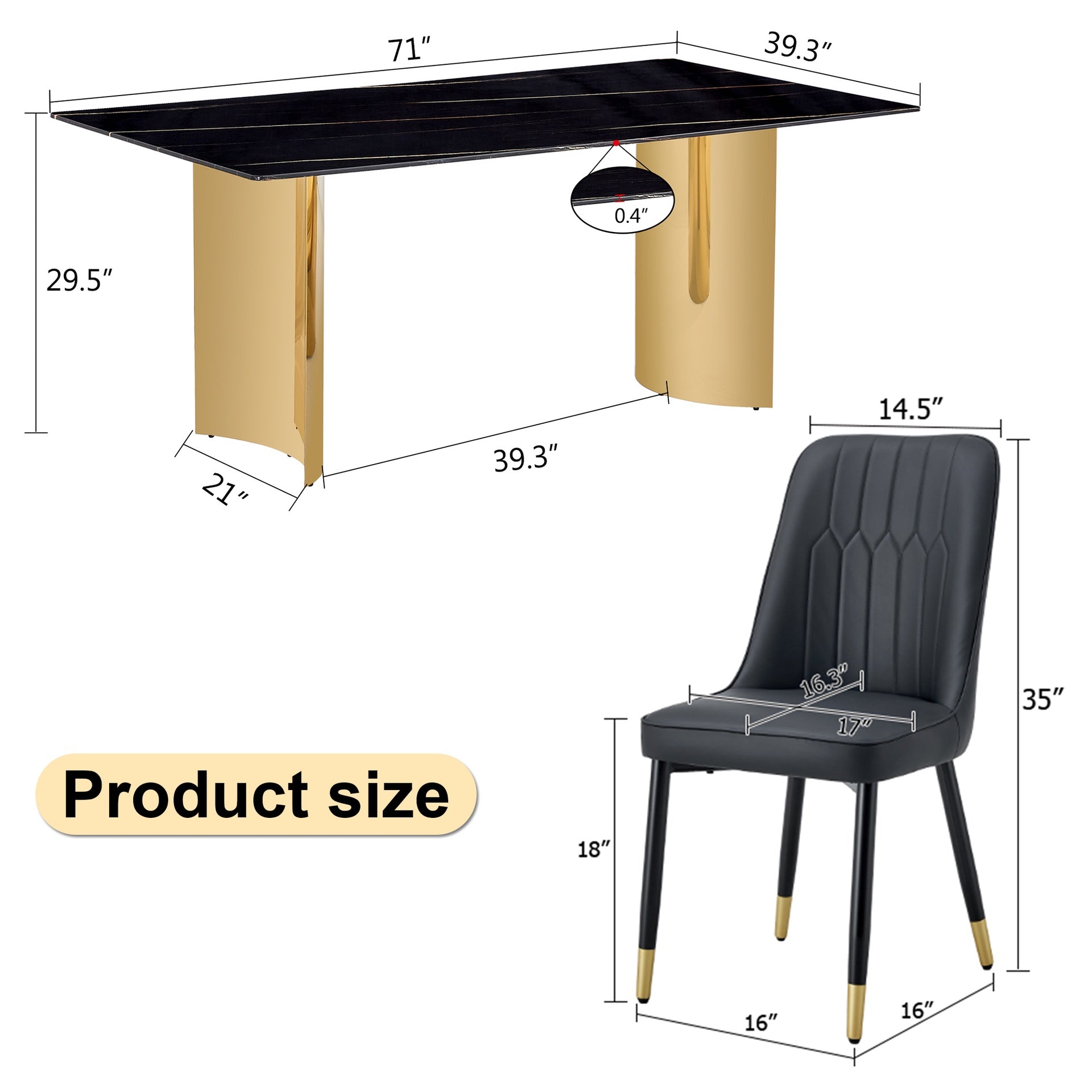 Table and chair set.The table has a glass top with imitation marble pattern stickers and stainless steel golden legs. Paried with 6 chairs with PU  backrest cushions and black legs.W1151S01538