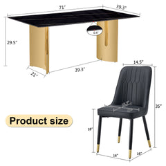 Table and chair set.The table has a glass top with imitation marble pattern stickers and stainless steel golden legs. Paried with 6 chairs with PU  backrest cushions and black legs.W1151S01538
