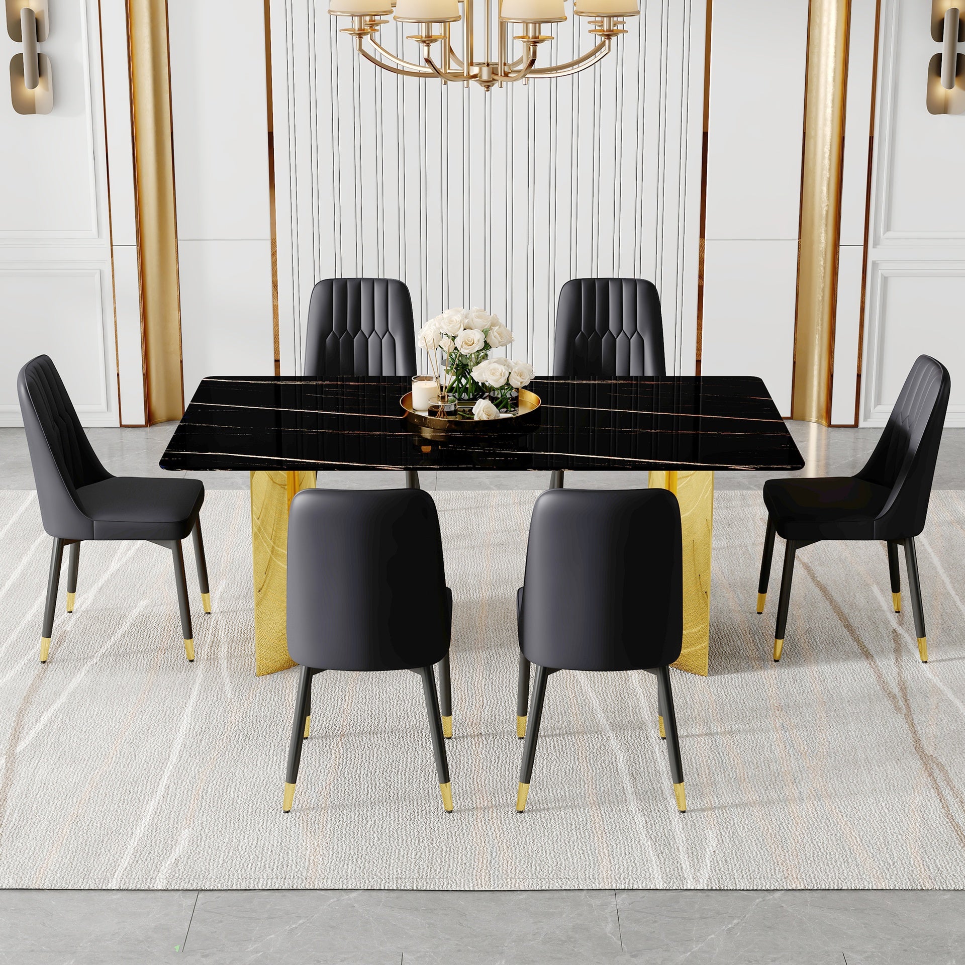 Table and chair set.The table has a glass top with imitation marble pattern stickers and stainless steel golden legs. Paried with 6 chairs with PU  backrest cushions and black legs.W1151S01538