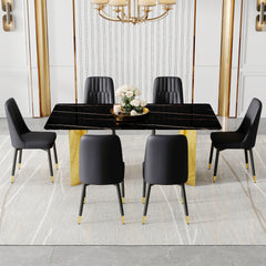Table and chair set.The table has a glass top with imitation marble pattern stickers and stainless steel golden legs. Paried with 6 chairs with PU  backrest cushions and black legs.W1151S01538