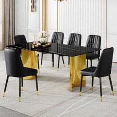 Table and chair set.The table has a glass top with imitation marble pattern stickers and stainless steel golden legs. Paried with 6 chairs with PU  backrest cushions and black legs.W1151S01538