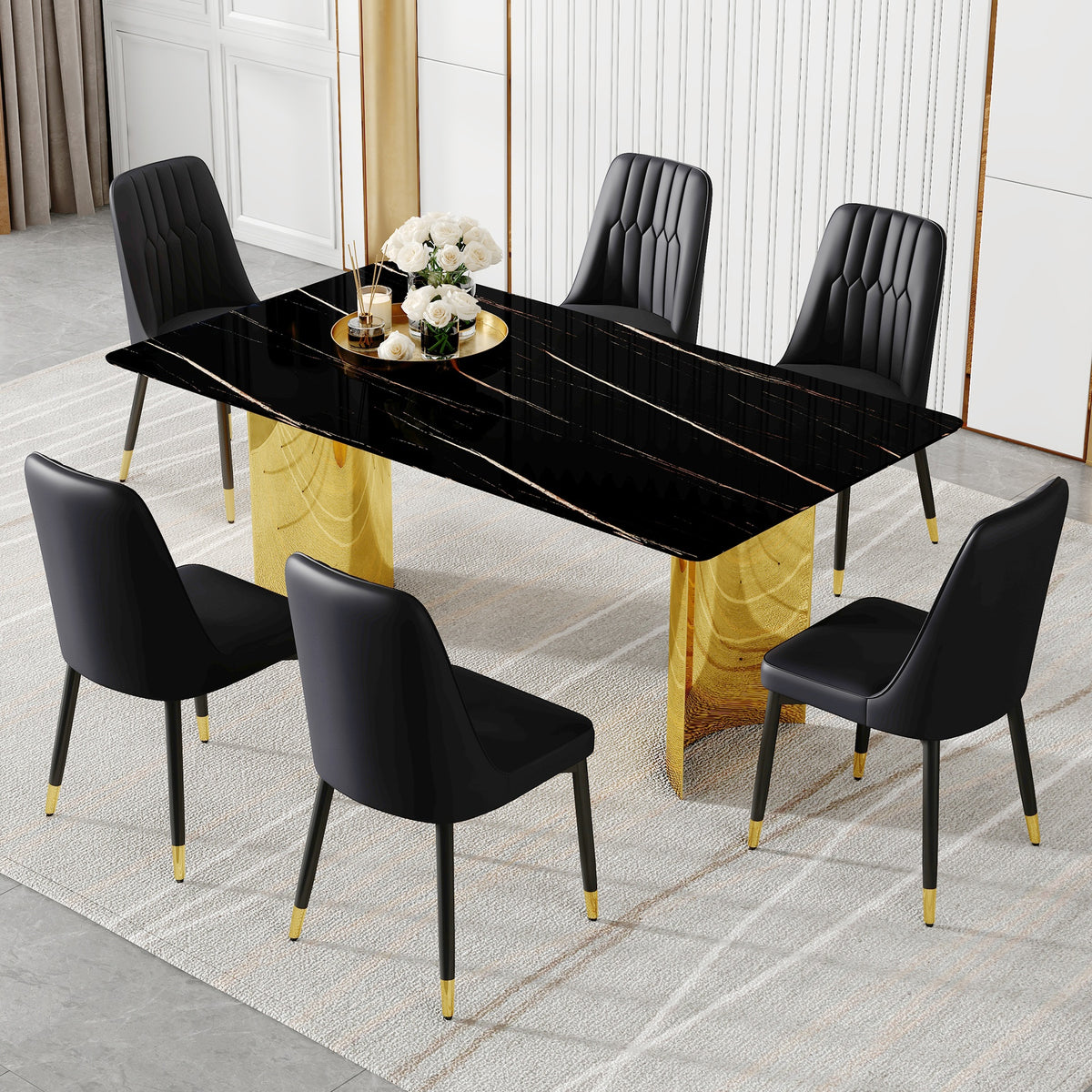 Table and chair set.The table has a glass top with imitation marble pattern stickers and stainless steel golden legs. Paried with 6 chairs with PU  backrest cushions and black legs.W1151S01538
