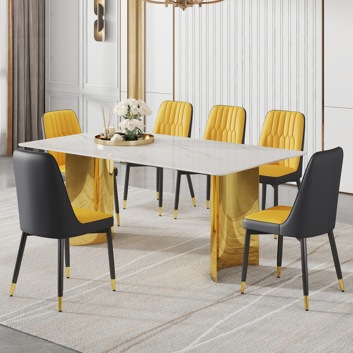 Table and chair set.The table has a glass top with imitation marble pattern stickers and stainless steel golden legs. Paried with 6 Orange and Dark Gray Spliced Color PU Dining Chairs.
