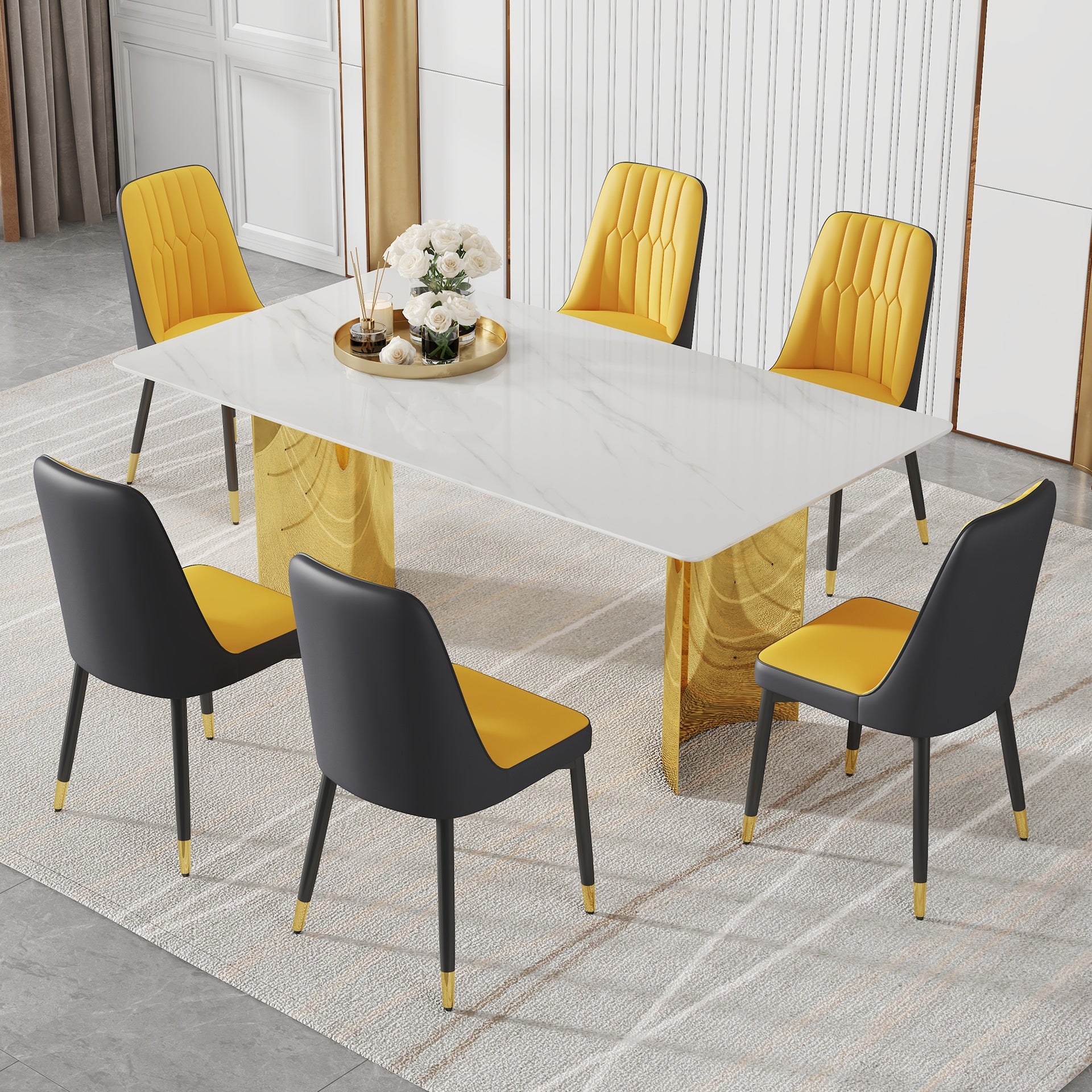 Table and chair set.The table has a glass top with imitation marble pattern stickers and stainless steel golden legs. Paried with 6 Orange and Dark Gray Spliced Color PU Dining Chairs.