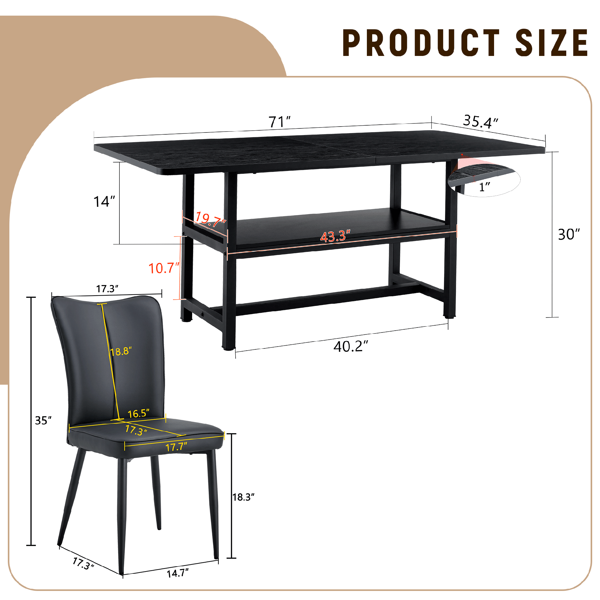 Table and chair set.71*35.4 inch Black Grain Spliced Dining Table With Storage Function In The Middle Of The Legs.Paired with 6 Black PU chairs with a vertical stripe design on the backrest.