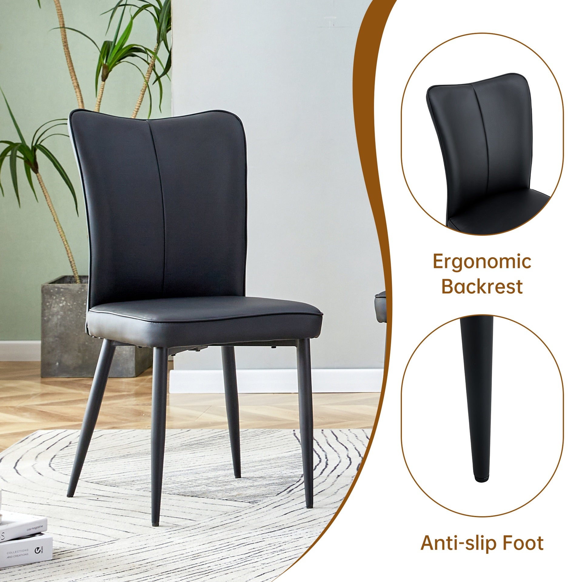 Table and chair set.Modern Extendable Wood MDF Dining Table.Suitable for gatherings of different size.Paried with 6 Black PU chairs with a vertical stripe design on the backrest and black metal legs.