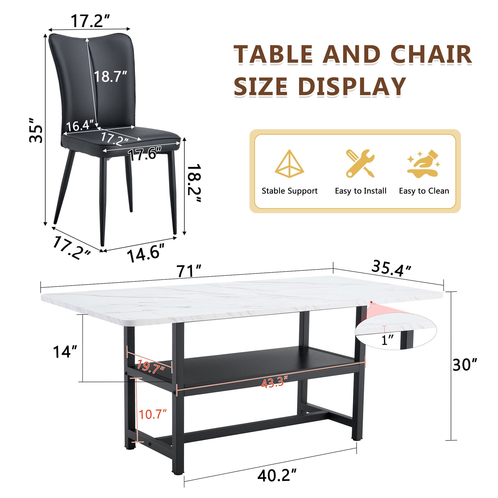 Table and chair set.71*35.4 inch White Grain Spliced Dining Table With Storage Function In The Middle Of The Legs.Paired with 6 Black PU chairs with a vertical stripe design on the backrest.