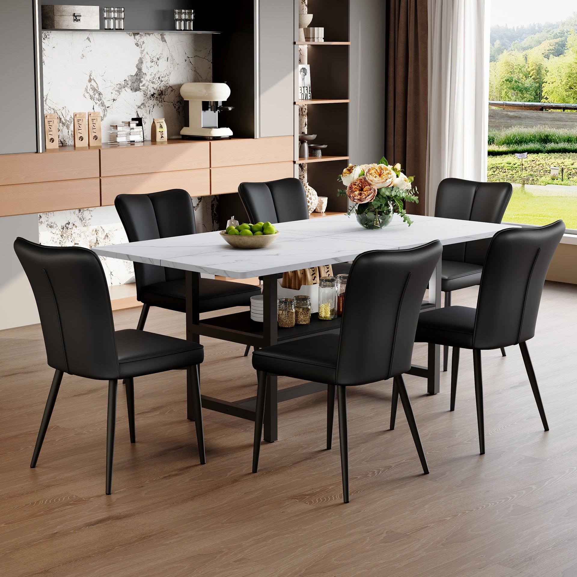 Table and chair set.71*35.4 inch White Grain Spliced Dining Table With Storage Function In The Middle Of The Legs.Paired with 6 Black PU chairs with a vertical stripe design on the backrest.