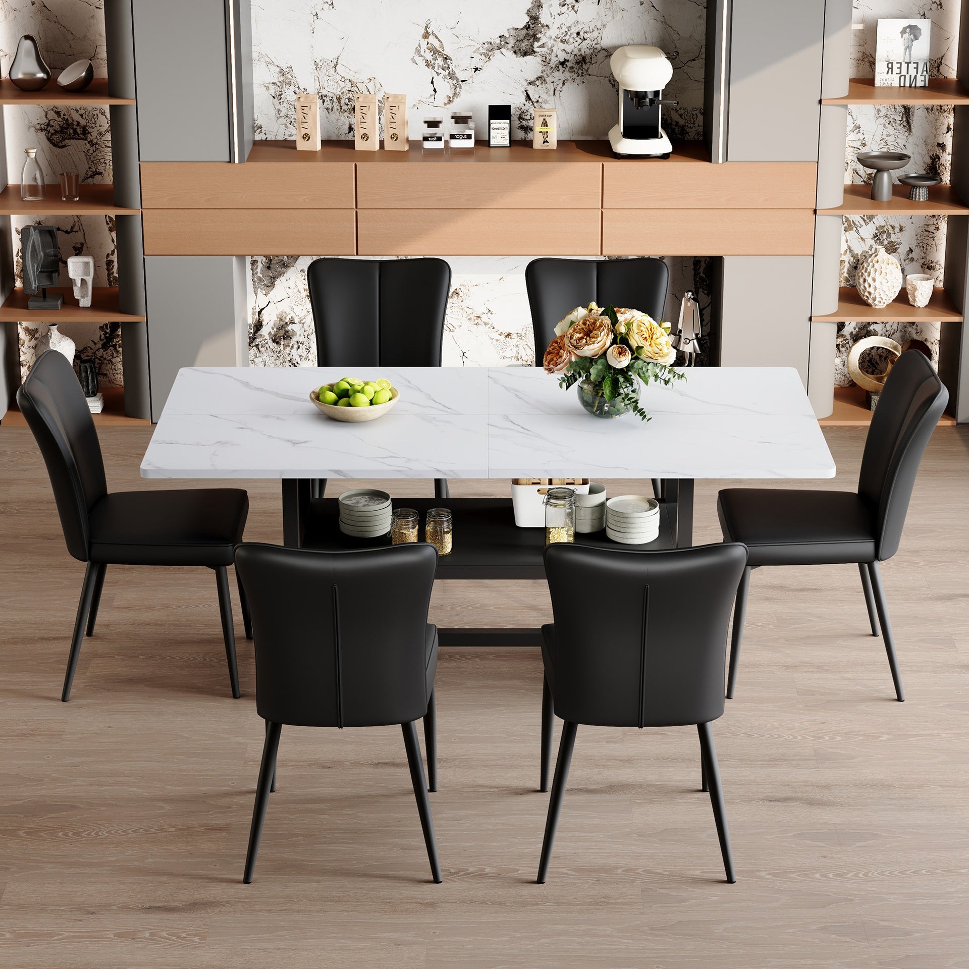 Table and chair set.71*35.4 inch White Grain Spliced Dining Table With Storage Function In The Middle Of The Legs.Paired with 6 Black PU chairs with a vertical stripe design on the backrest.