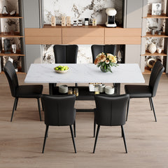 Table and chair set.71*35.4 inch White Grain Spliced Dining Table With Storage Function In The Middle Of The Legs.Paired with 6 Black PU chairs with a vertical stripe design on the backrest.