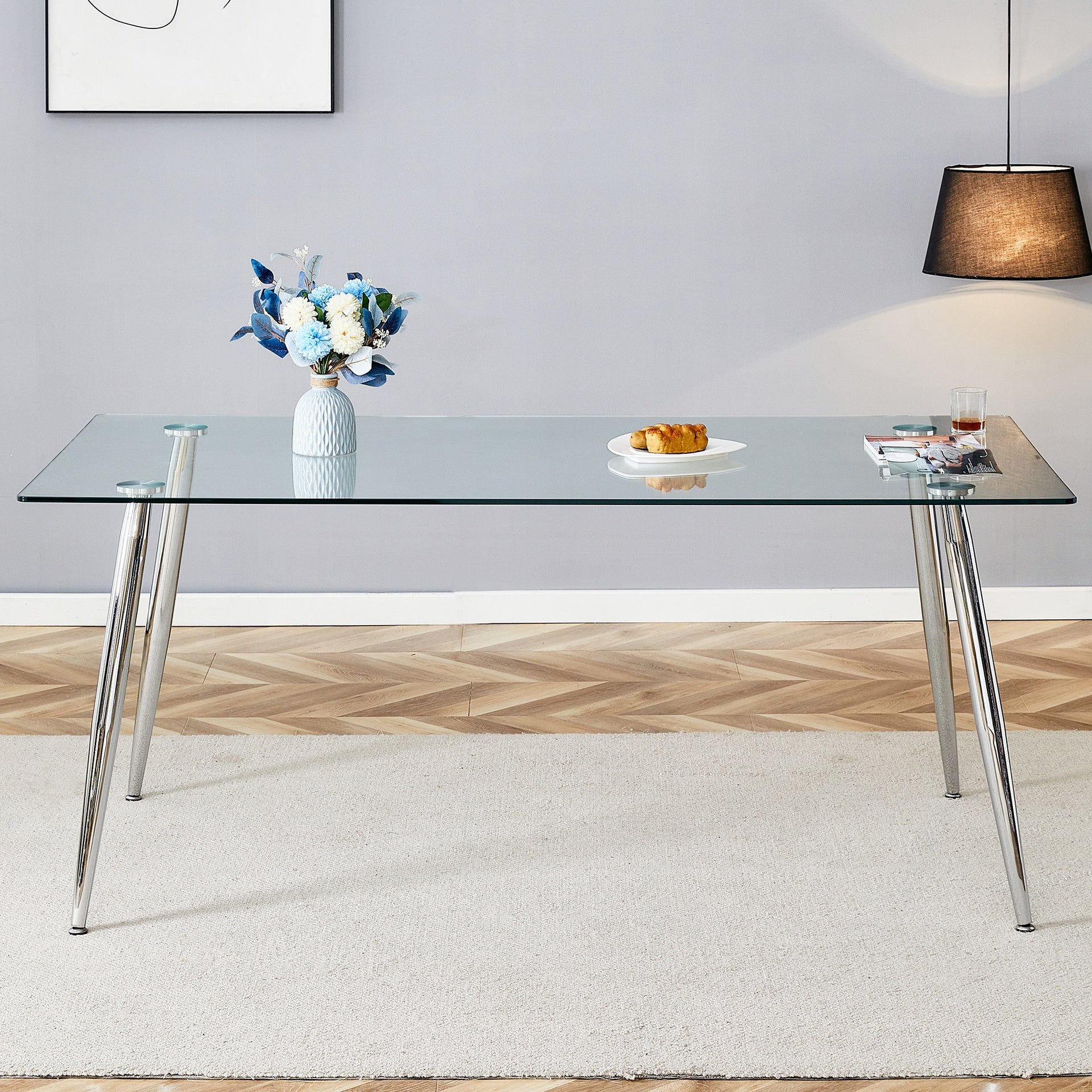 Modern rectangular glass dining table, suitable for 4-6 people, with tempered glass countertop and silver metal table legs, writing desk, suitable for kitchen, dining room and living room.W1151S01595