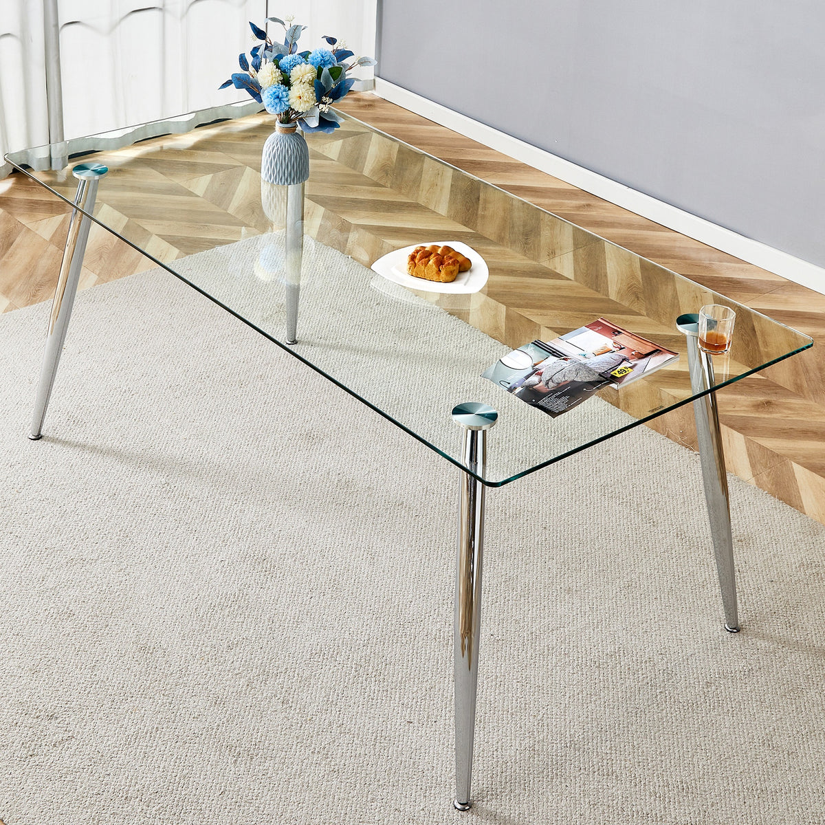 Modern rectangular glass dining table, suitable for 4-6 people, with tempered glass countertop and silver metal table legs, writing desk, suitable for kitchen, dining room and living room.W1151S01595