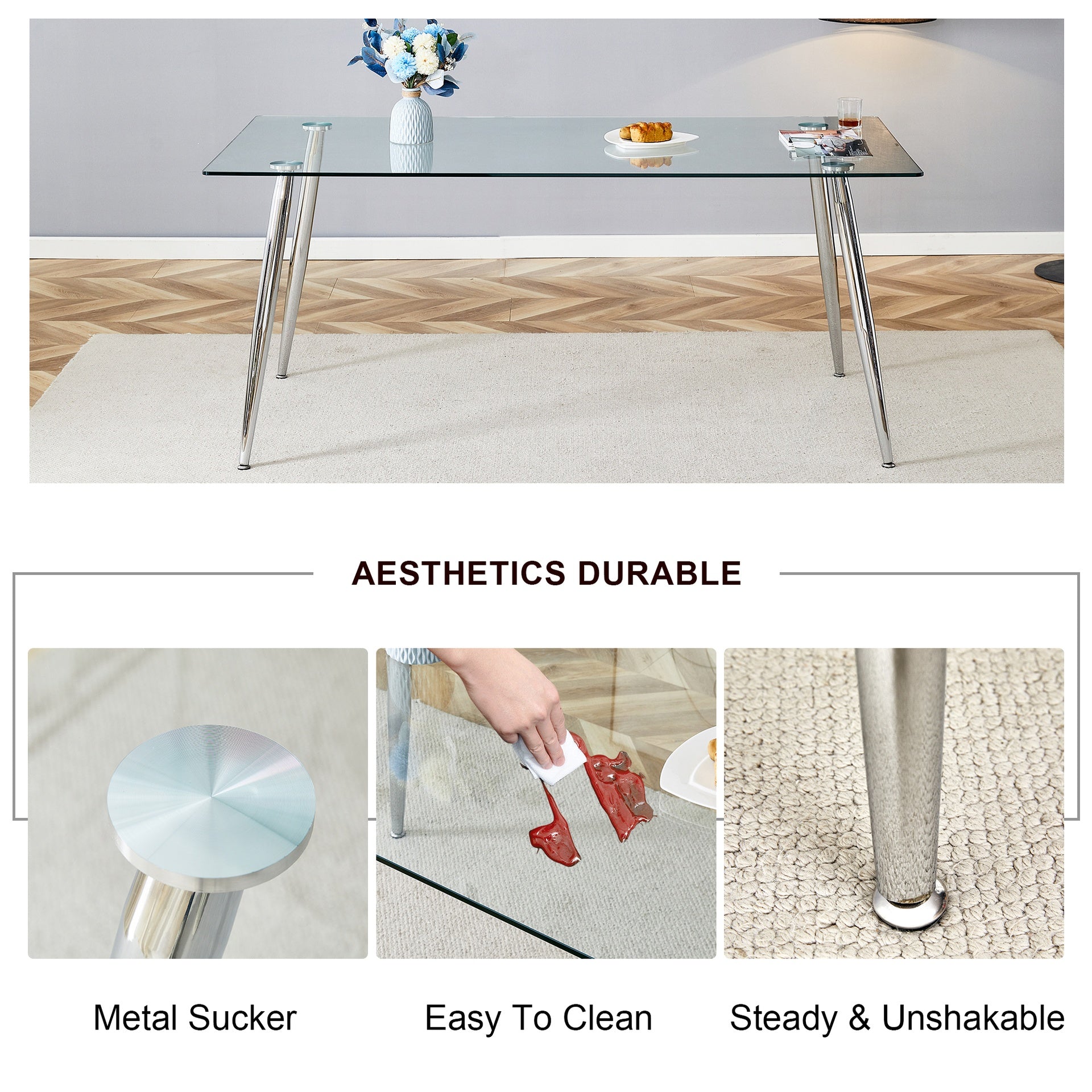 Modern rectangular glass dining table, suitable for 4-6 people, with tempered glass countertop and silver metal table legs, writing desk, suitable for kitchen, dining room and living room.W1151S01595