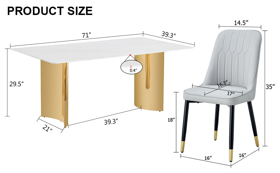 Table and chair set.The table has a glass top with imitation marble pattern stickers and stainless steel golden legs. Paried with 6 chairs with PU artificial leather backrest cushions.W1151S01566