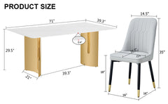 Table and chair set.The table has a glass top with imitation marble pattern stickers and stainless steel golden legs. Paried with 6 chairs with PU artificial leather backrest cushions.W1151S01566