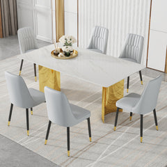 Table and chair set.The table has a glass top with imitation marble pattern stickers and stainless steel golden legs. Paried with 6 chairs with PU artificial leather backrest cushions.W1151S01566