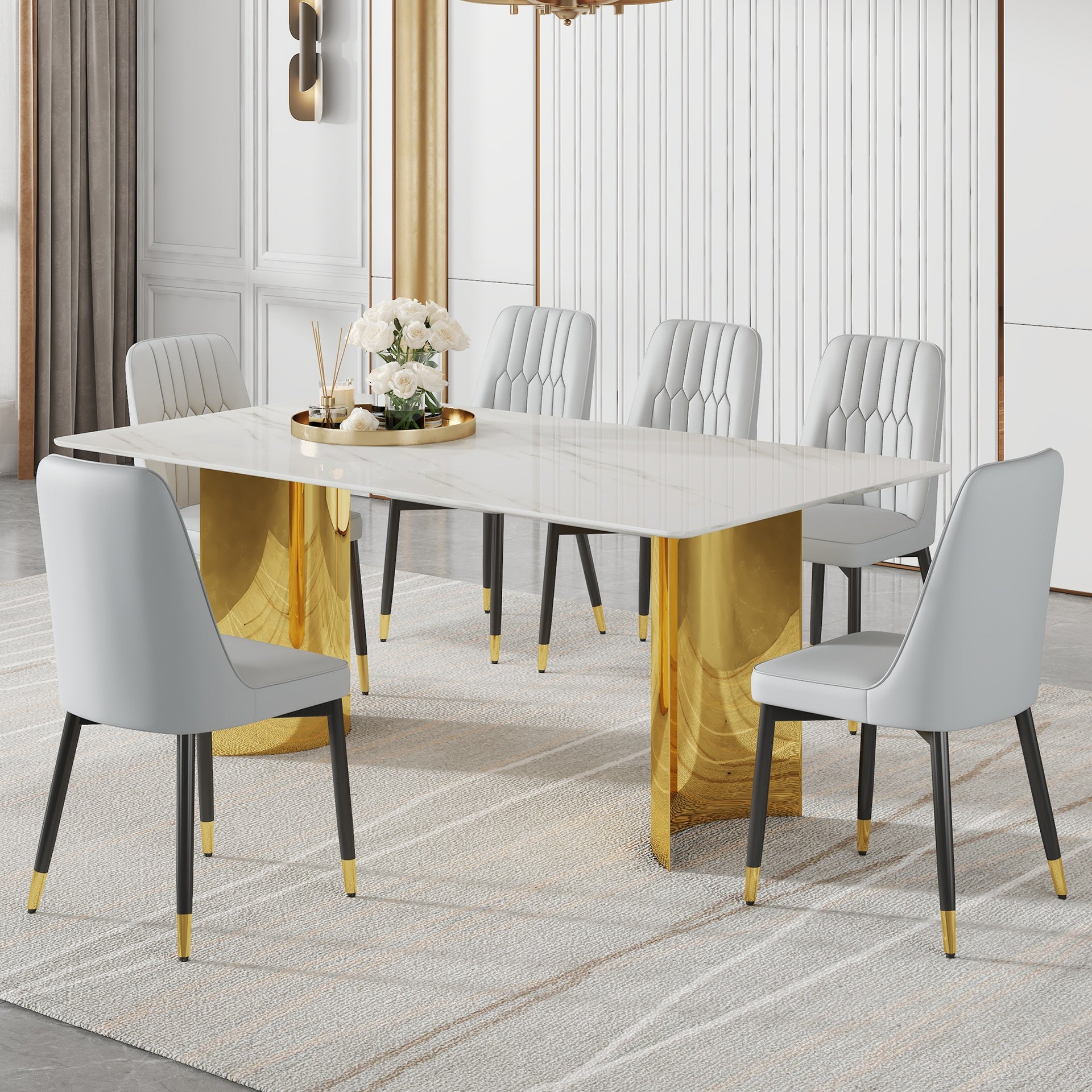 Table and chair set.The table has a glass top with imitation marble pattern stickers and stainless steel golden legs. Paried with 6 chairs with PU artificial leather backrest cushions.W1151S01566