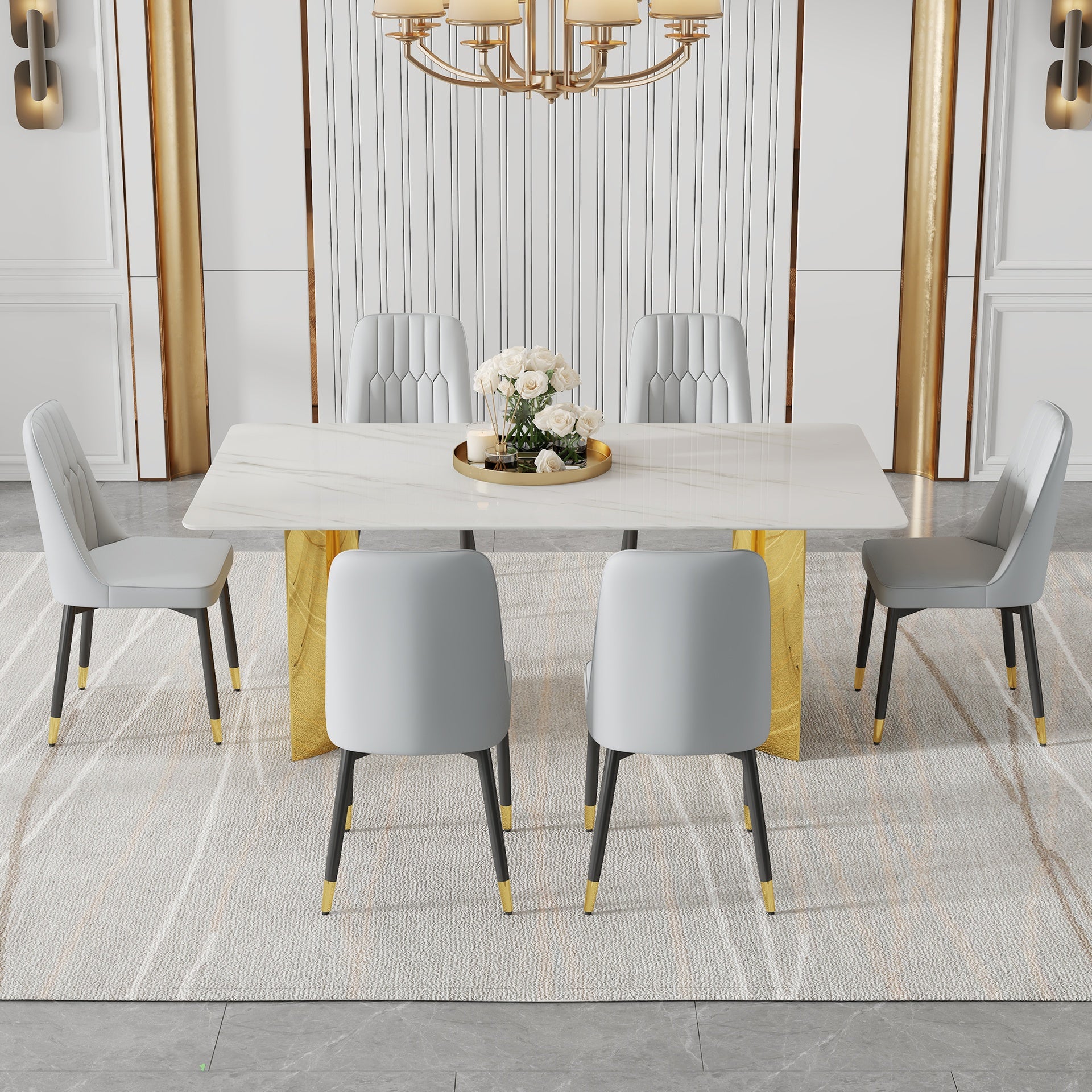 Table and chair set.The table has a glass top with imitation marble pattern stickers and stainless steel golden legs. Paried with 6 chairs with PU artificial leather backrest cushions.W1151S01566