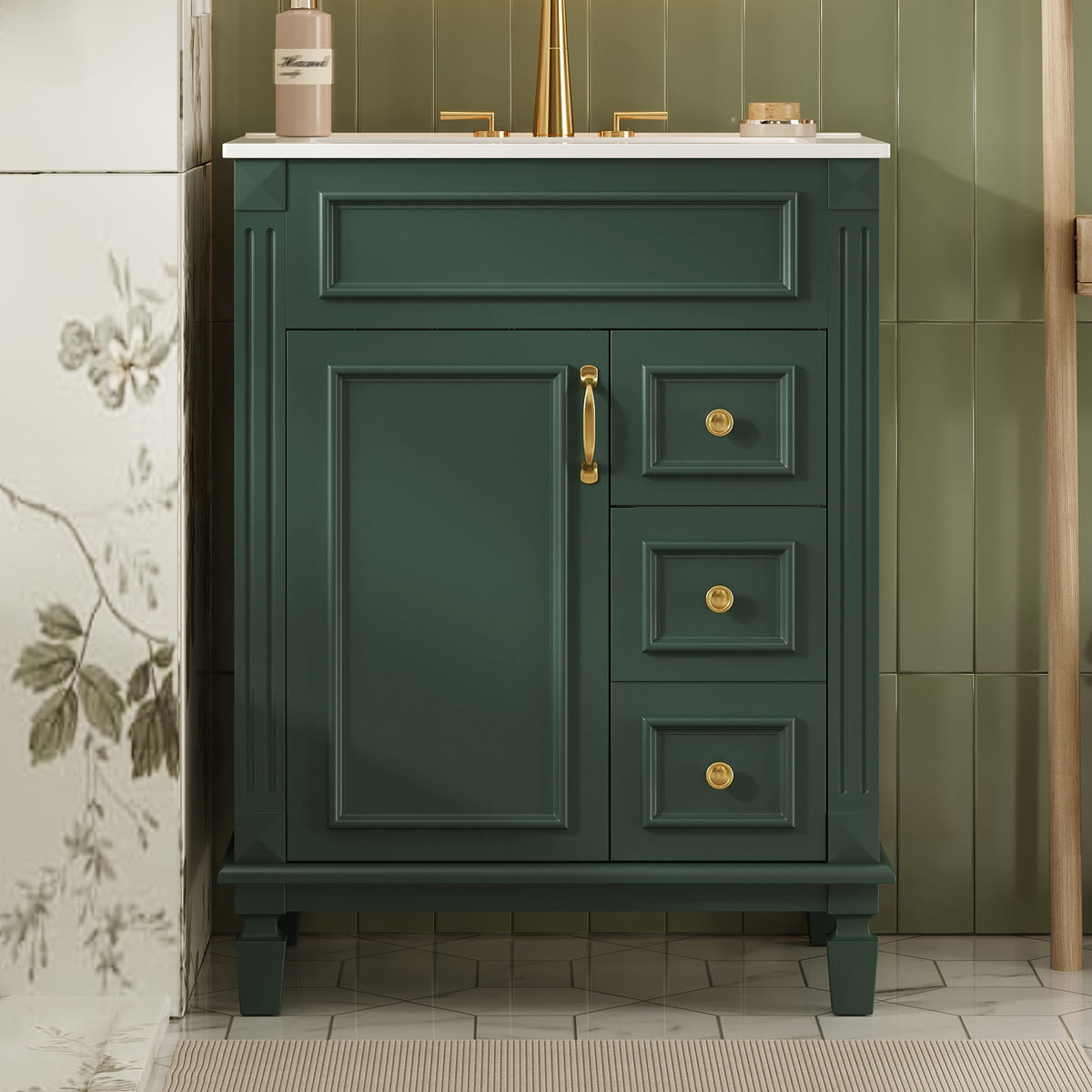 24" Bathroom Vanity with Ceramic Sink, Small Bathroom Sink Cabinet, Modern Cabinet with 2 Drawers and Adjustable Shelf