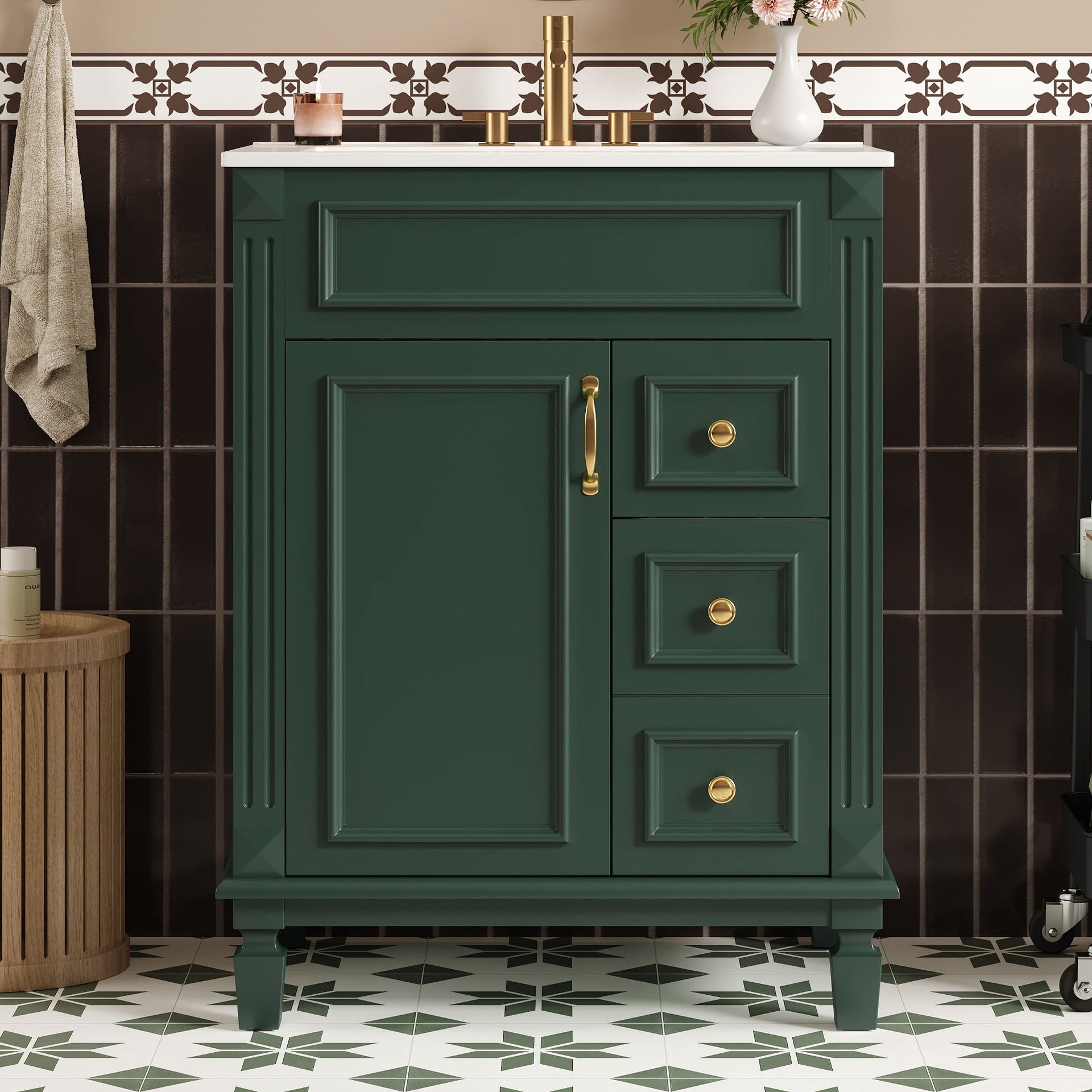 24" Bathroom Vanity with Ceramic Sink, Small Bathroom Sink Cabinet, Modern Cabinet with 2 Drawers and Adjustable Shelf