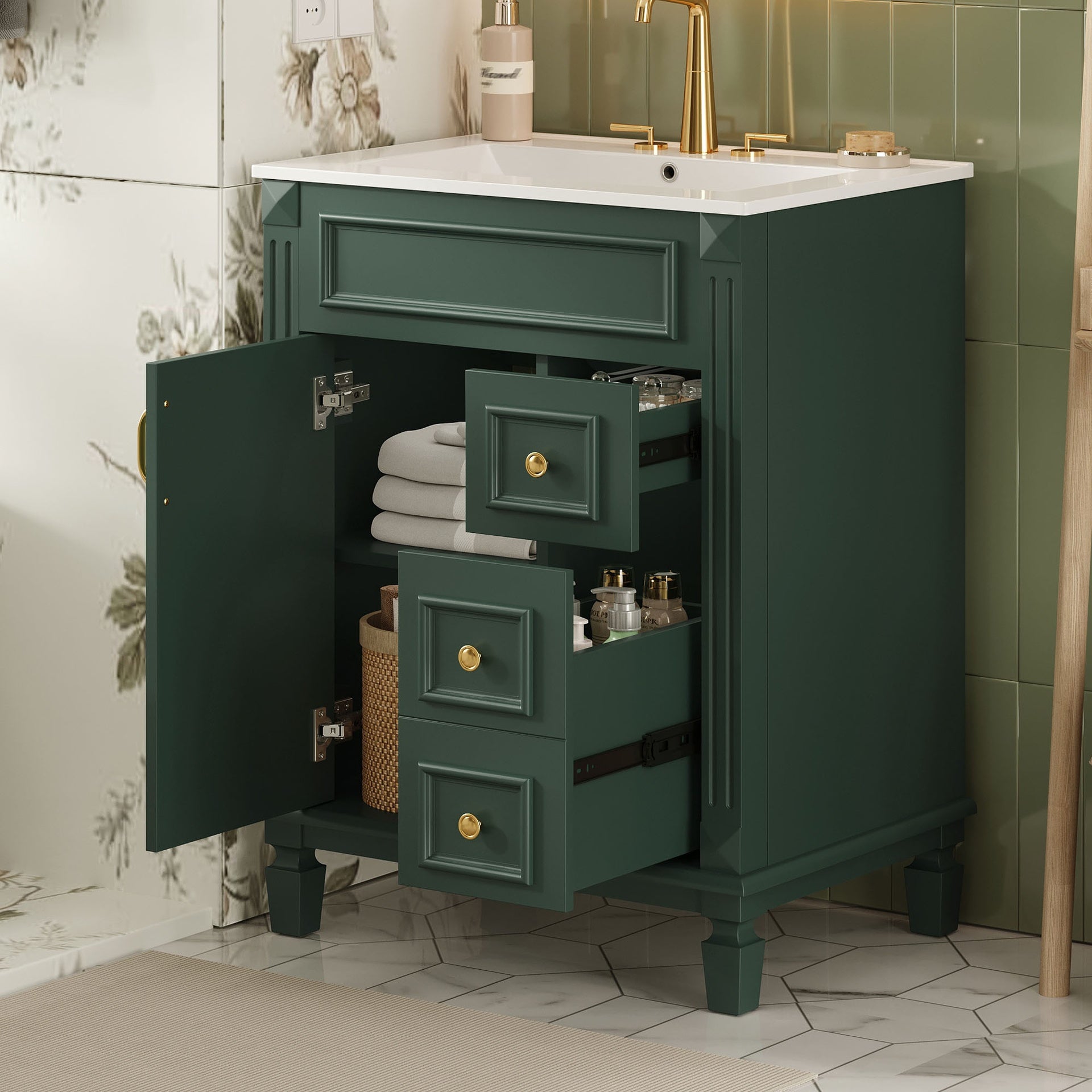 24" Bathroom Vanity with Ceramic Sink, Small Bathroom Sink Cabinet, Modern Cabinet with 2 Drawers and Adjustable Shelf
