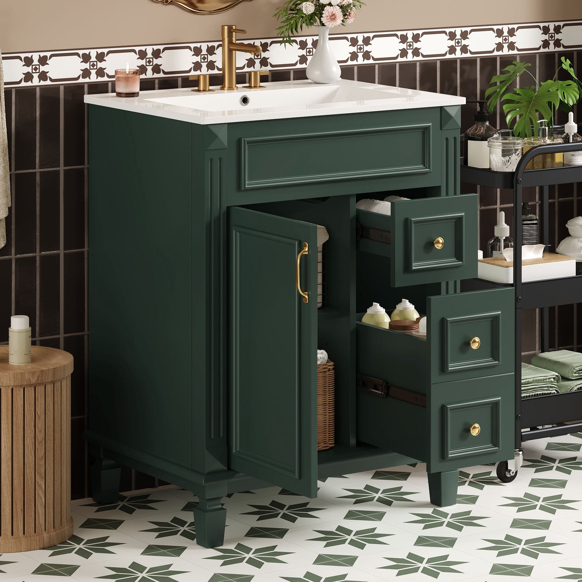 24" Bathroom Vanity with Ceramic Sink, Small Bathroom Sink Cabinet, Modern Cabinet with 2 Drawers and Adjustable Shelf
