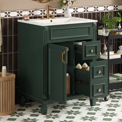 24" Bathroom Vanity with Ceramic Sink, Small Bathroom Sink Cabinet, Modern Cabinet with 2 Drawers and Adjustable Shelf