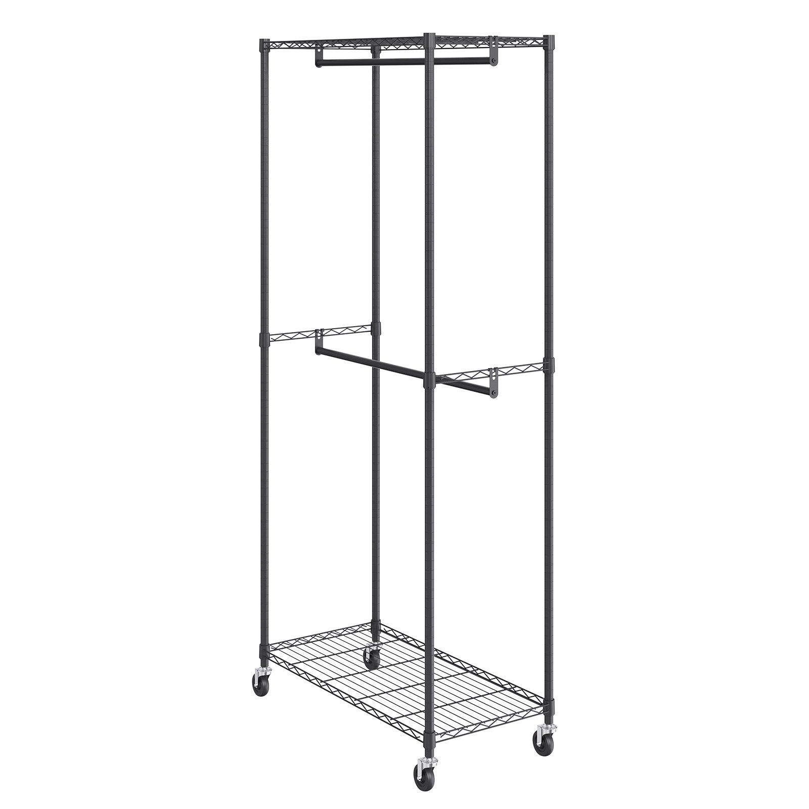 Heavy Duty Clothes Rack, Double Hanging Rods Clothing Garment Rack with Bottom and Top Storage Tier, Rolling Clothing Rack for Hanging Clothes, 1'' Diameter Thicken Steel Tube Hold Up to 300Lbs