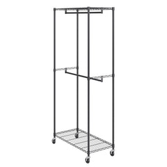 Heavy Duty Clothes Rack, Double Hanging Rods Clothing Garment Rack with Bottom and Top Storage Tier, Rolling Clothing Rack for Hanging Clothes, 1'' Diameter Thicken Steel Tube Hold Up to 300Lbs