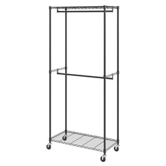 Heavy Duty Clothes Rack, Double Hanging Rods Clothing Garment Rack with Bottom and Top Storage Tier, Rolling Clothing Rack for Hanging Clothes, 1'' Diameter Thicken Steel Tube Hold Up to 300Lbs